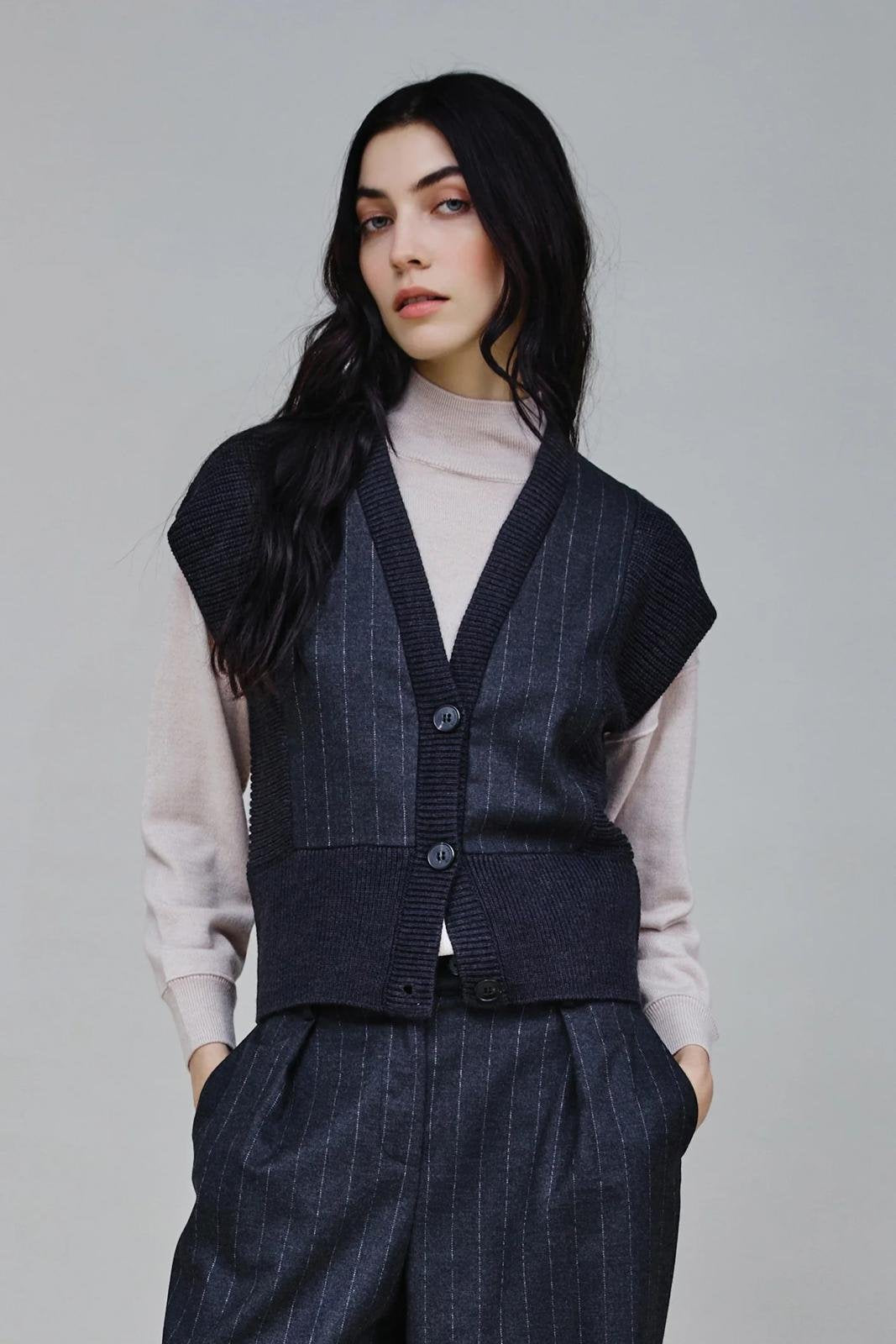 Cardigan Nenette in lana con inserti in tessuto gessato