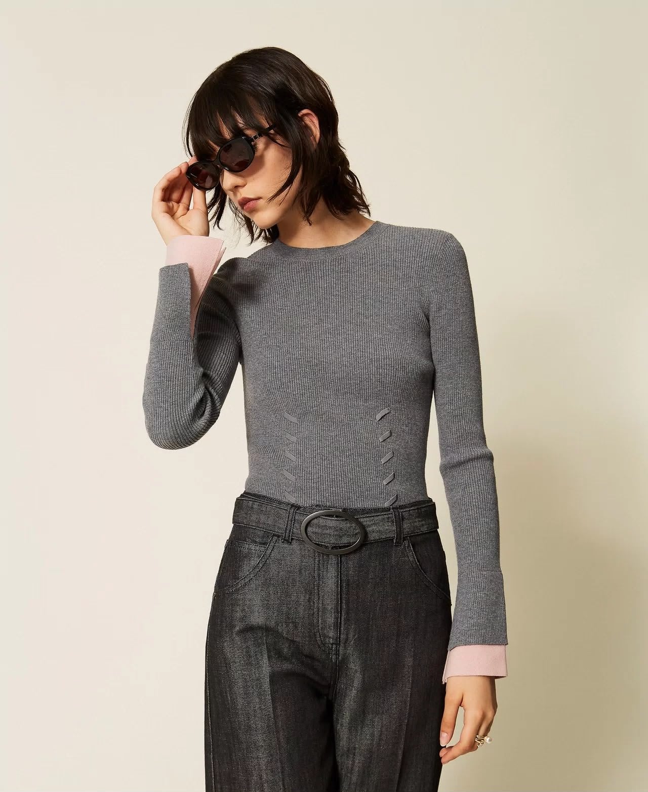 Maglia Twinset Actitude in costina con polsini a contrasto donna