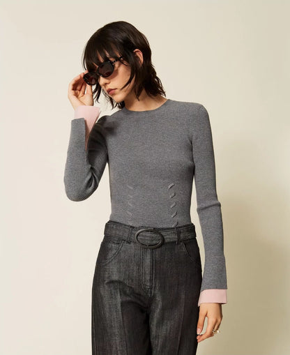 Maglia Twinset Actitude in costina con polsini a contrasto donna