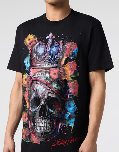 T-shirt Philipp Plein "Multicolor Dollar Skull" con cristalli sul fronte