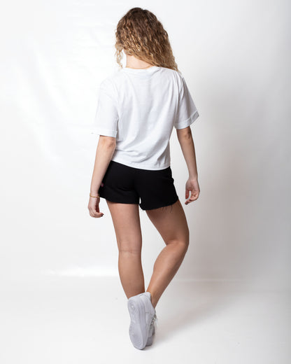 T-Shirt Disclaimer cropped con stampa a glitter donna