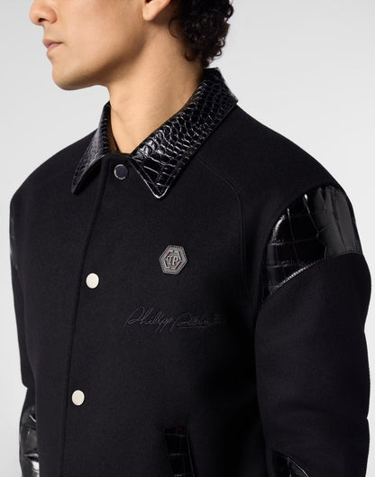 Bomber jacket Philipp Plein in lana e cashmere con inserti in pelle stampa di coccodrillo