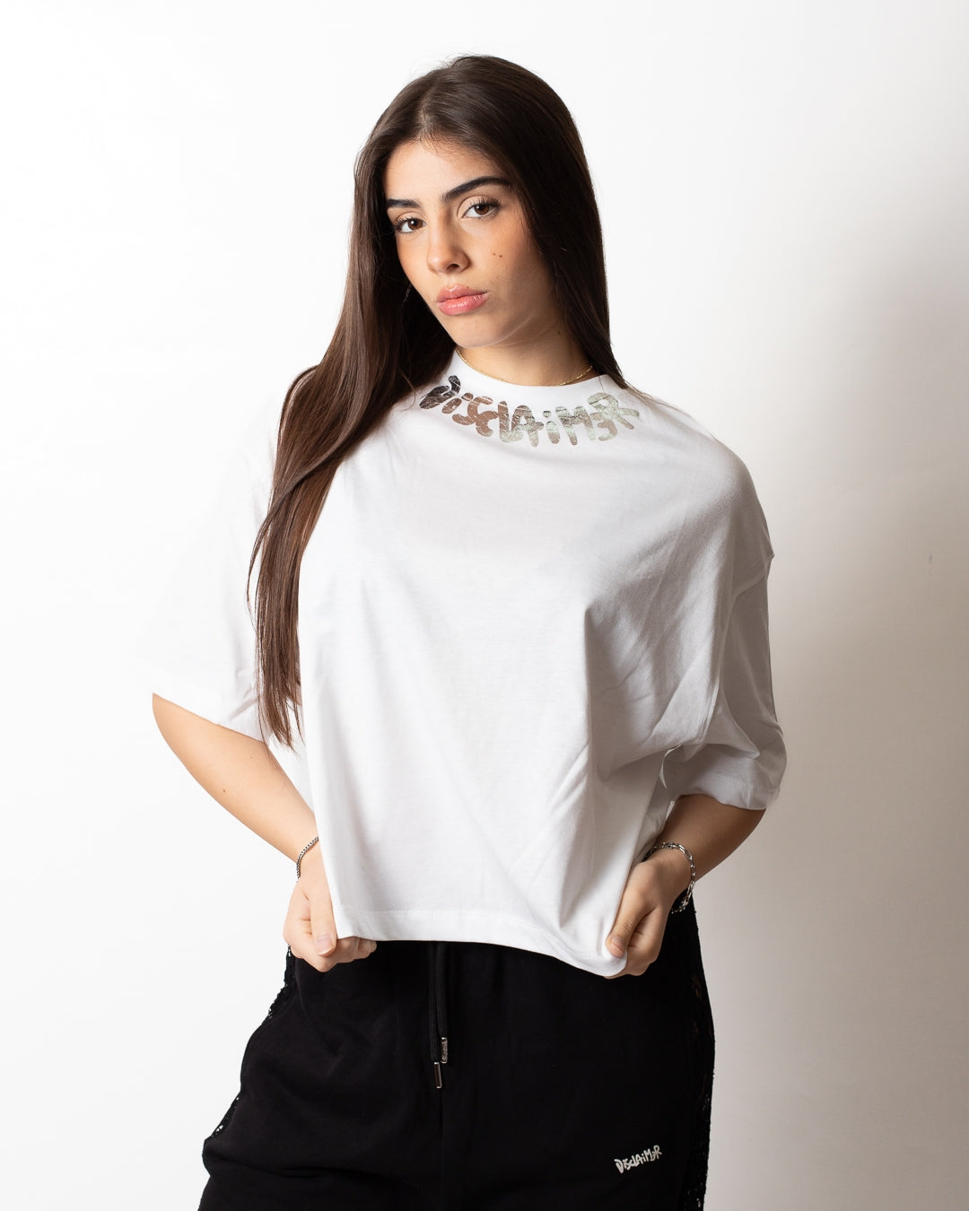 T-Shirt Disclaimer con logo laminato donna