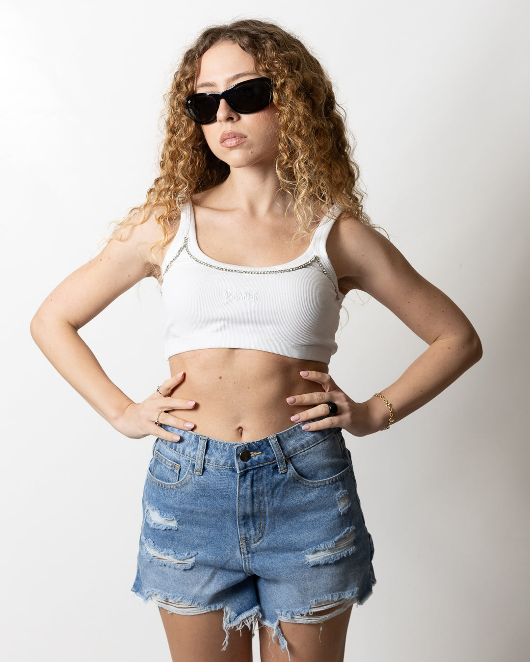 Top Disclaimer cropped in costina con strass donna