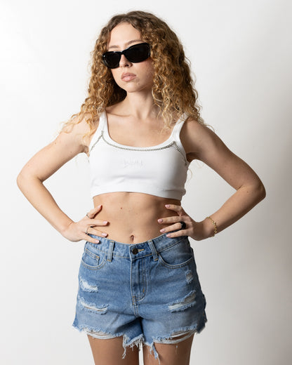 Top Disclaimer cropped in costina con strass donna