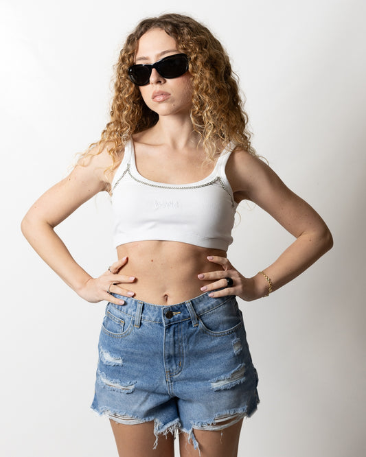 Top Disclaimer cropped in costina con strass donna
