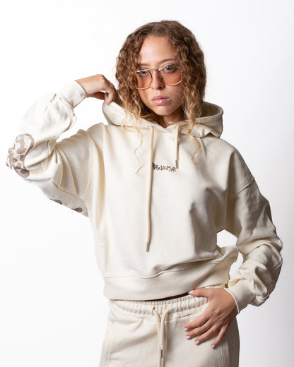 Felpa Disclaimer cropped con cappuccio e glitter donna