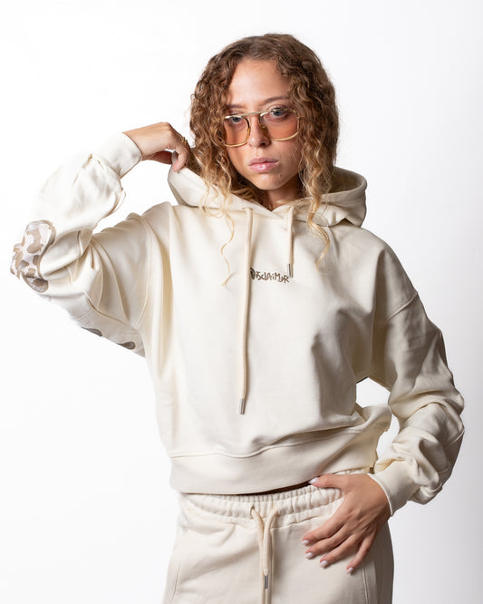 Felpa Disclaimer cropped con cappuccio e glitter donna