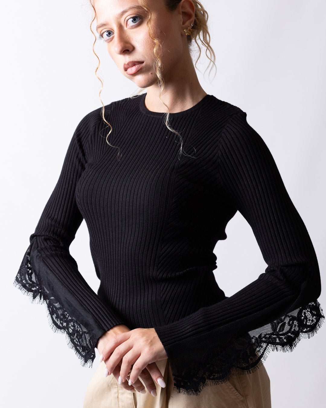 Maglia Twinset Actitude in costina con ricami in pizzo donna