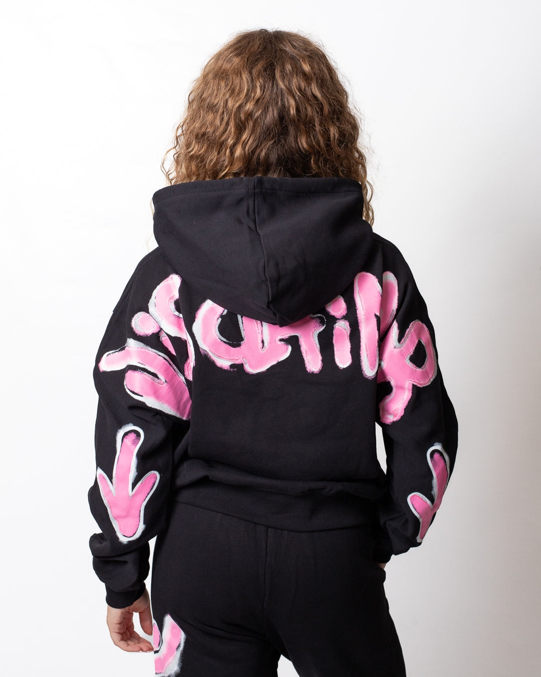 Felpa Disclaimer cropped con cappuccio e glitter donna