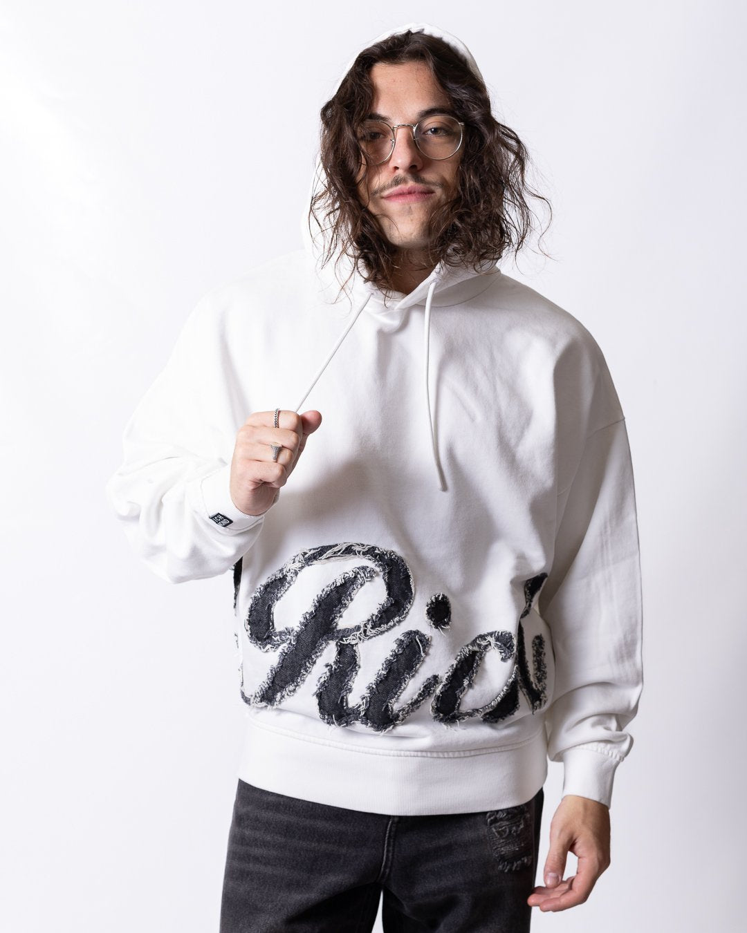 Felpa Richmond X con cappuccio e logo "Richmond" in denim effetto taglio vivo