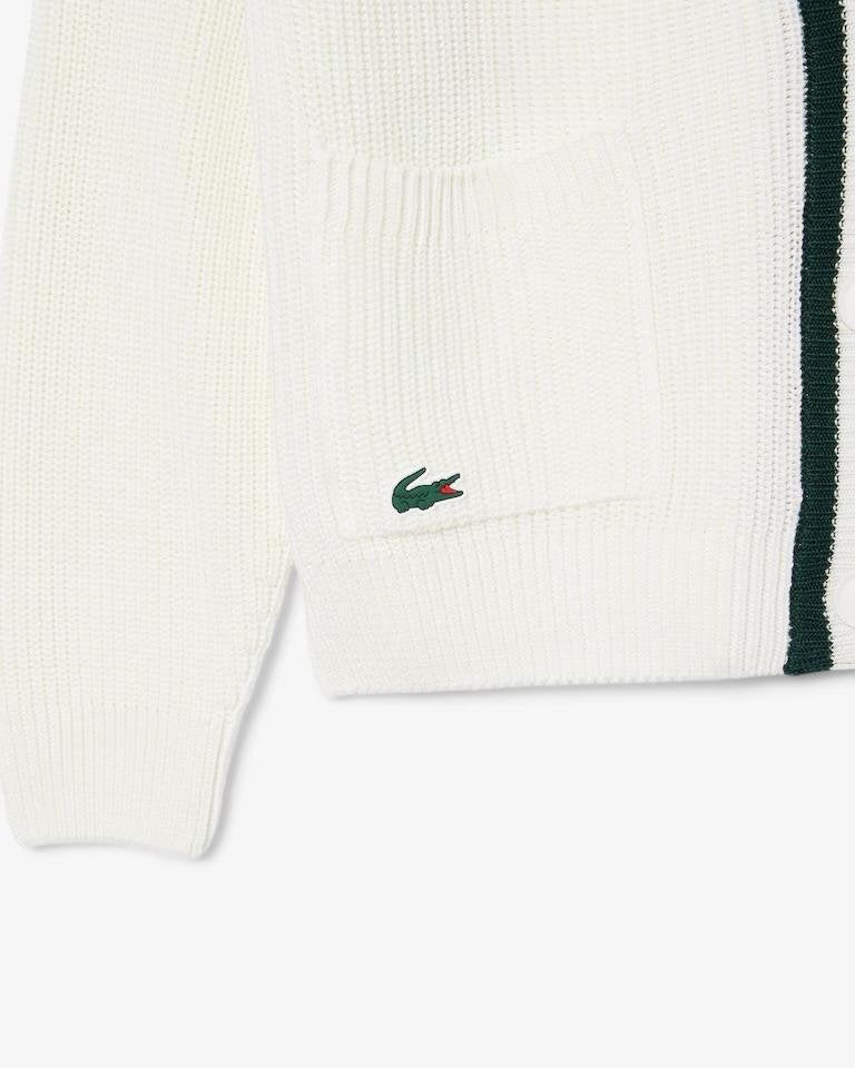 Cardigan Lacoste in lana con logo gommato e profili a contrasto