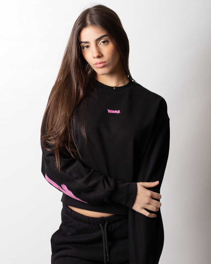 Felpa Disclaimer cropped girocollo con logo glitter donna