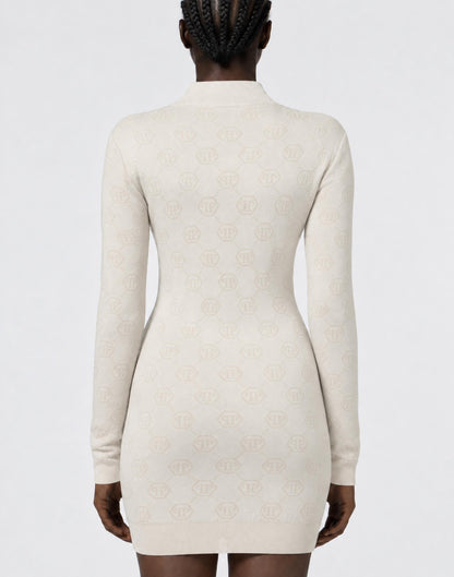 Abito Philipp Plein "Merino Wool Turtle Neck Mini Dress Jacquard Monogram