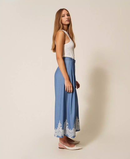 Pantalone Twinset Actitude a palazzo con pizzo e cintura donna
