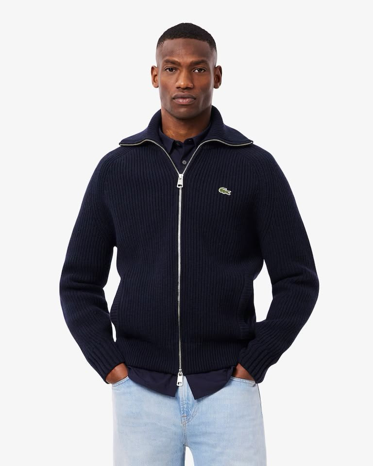 Maglia Lacoste fullzip a collo alto in lana con costine uomo