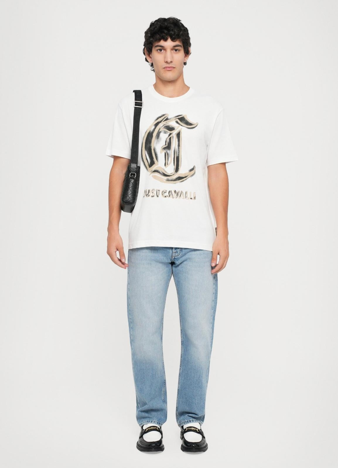 Tracolla Just Cavalli "Metal Lettering Jacquard " in pelle granulosa uomo