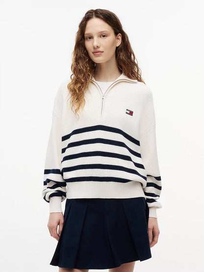 Maglia Tommy Jeans mezza zip a righe con logo flag donna