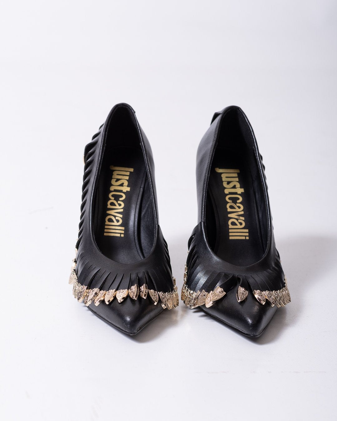 Tacchi Just Cavalli in pelle con frange e dettagli metallici oro