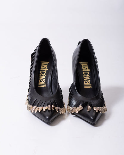 Tacchi Just Cavalli in pelle con frange e dettagli metallici oro