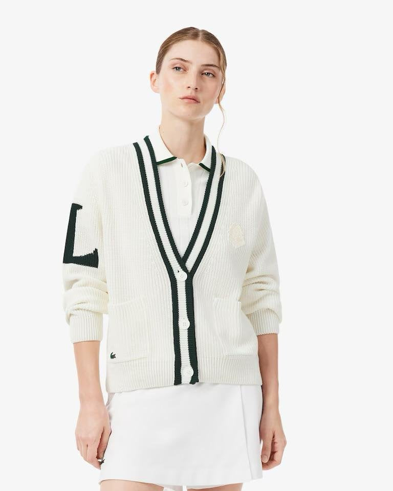 Cardigan Lacoste in lana con logo gommato e profili a contrasto