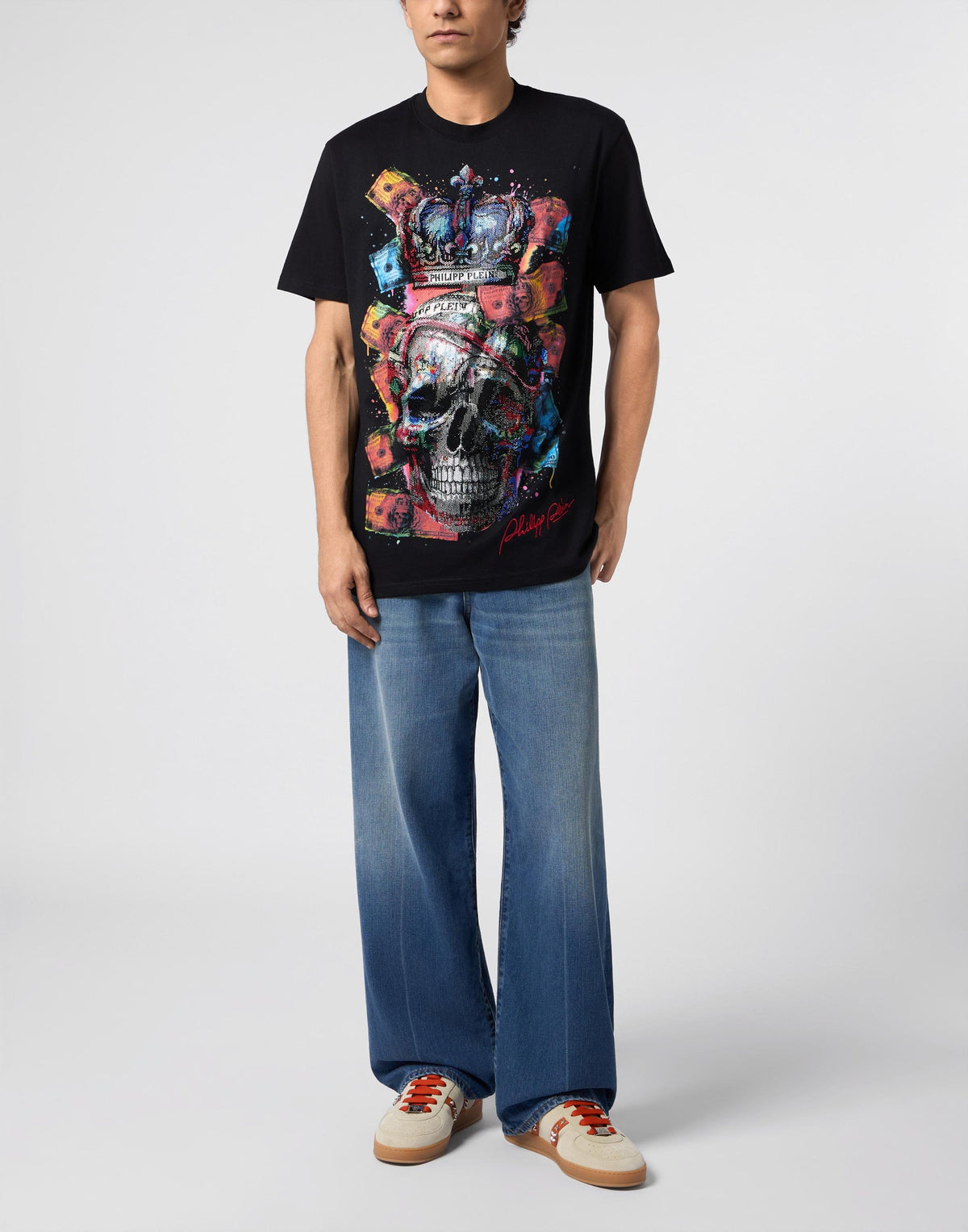 T-shirt Philipp Plein "Multicolor Dollar Skull" con cristalli sul fronte