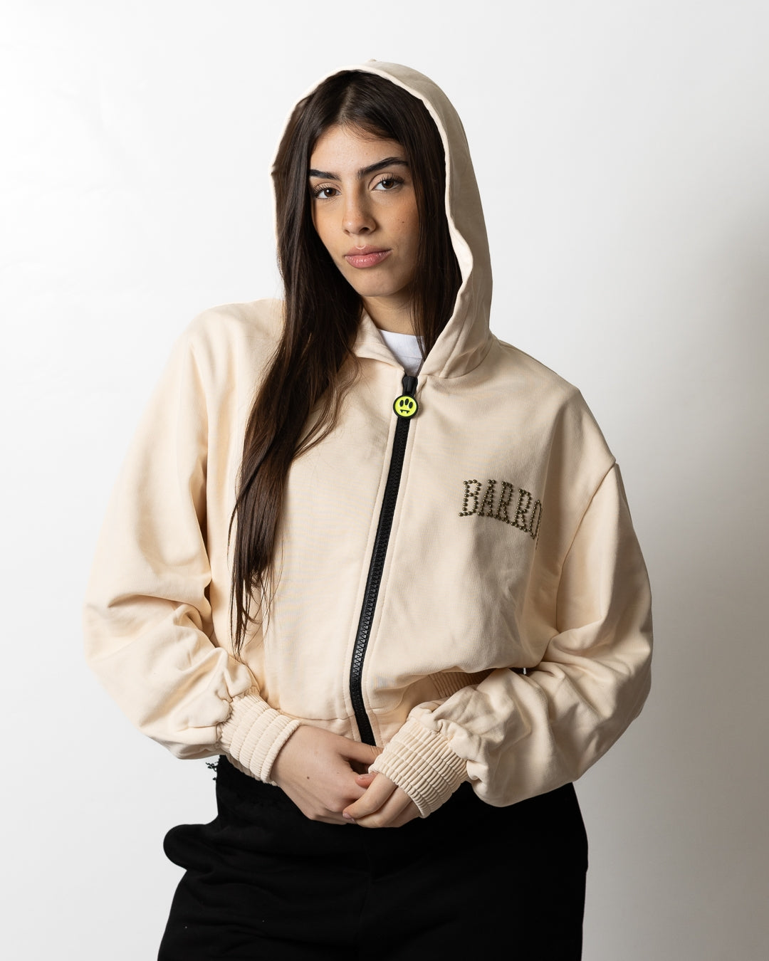 Felpa Barrow cropped fullzip con cappuccio, stampa e borchie donna
