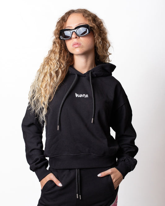 Felpa Disclaimer cropped con cappuccio e glitter donna