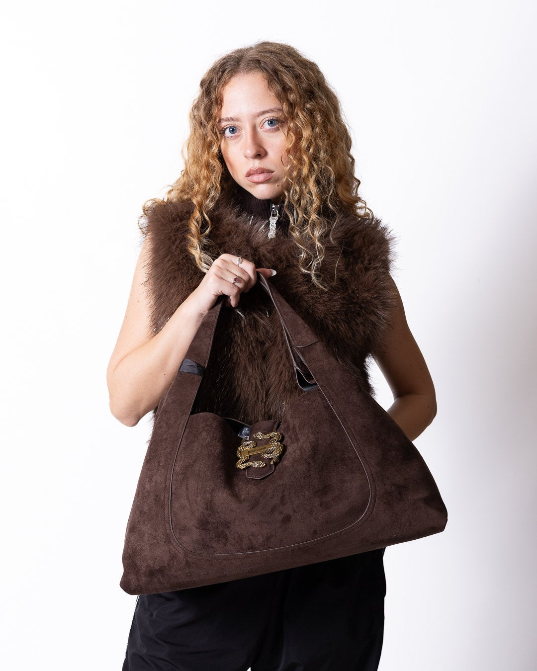 Borsa Just Cavalli in camoscio con dettaglio logo in metallo oro
