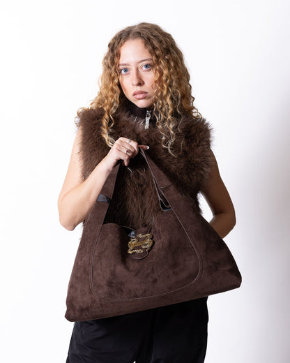 Borsa Just Cavalli in camoscio con dettaglio logo in metallo oro