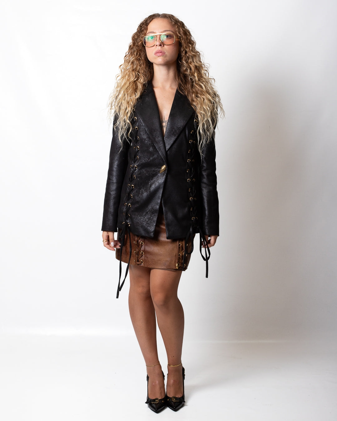 Giacca blazer Just Cavalli in suede vintage con intrecci donna