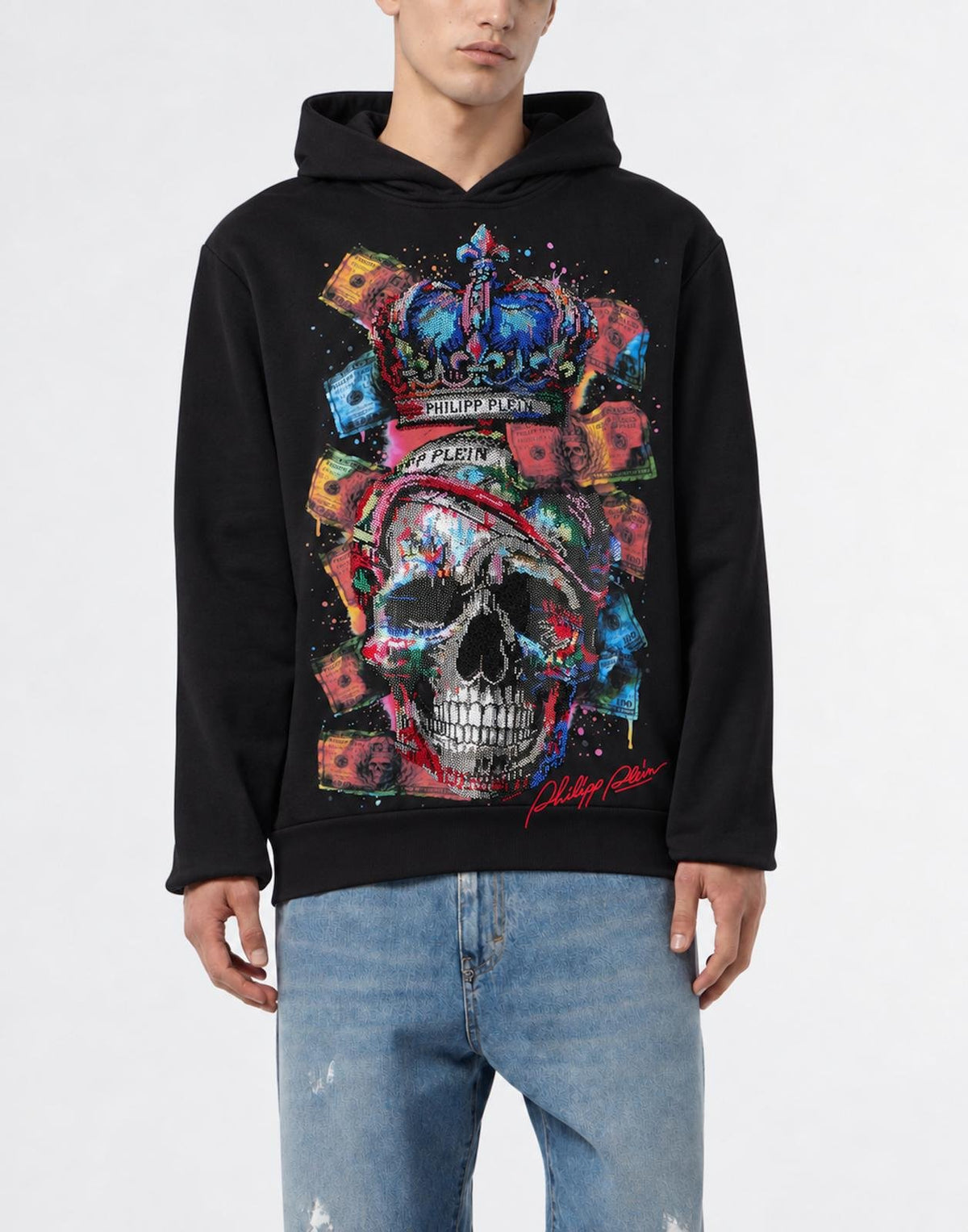 Felpa Philipp Plein "Multicolor Skull Dollar" con cappuccio