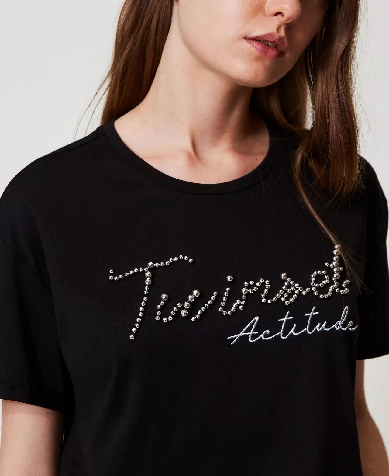 T-Shirt Twinset Actitude con logo lurex e perline donna