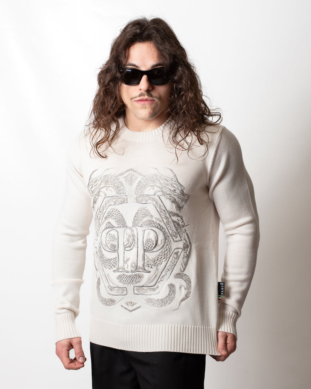 Maglia Philipp Plein girocollo "Embroidered Merino Strass" uomo