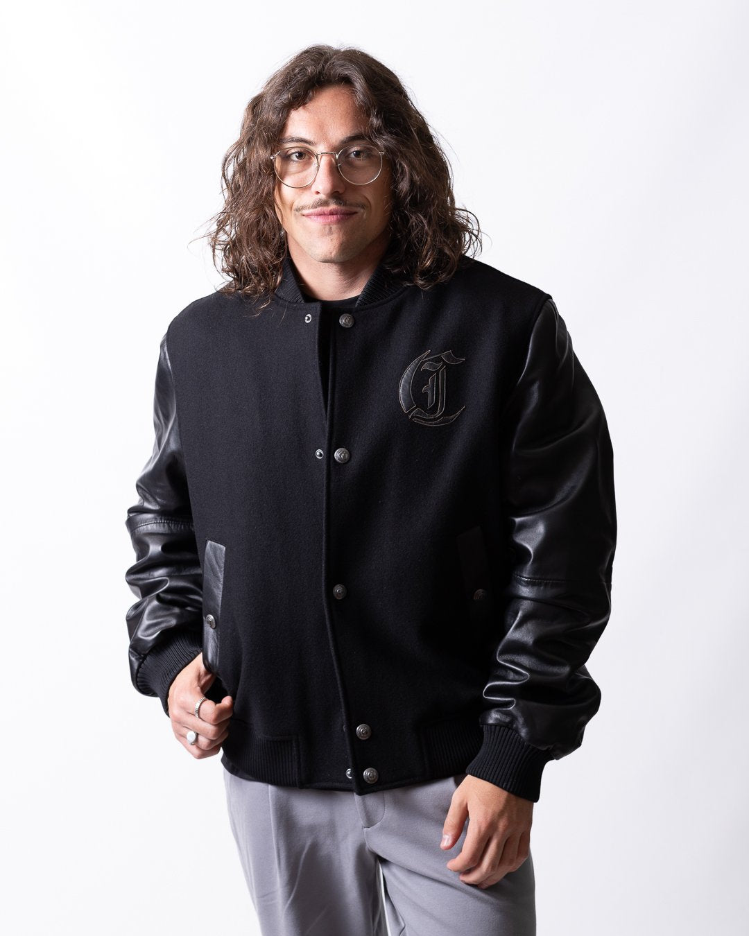 Giubbotto Just Cavalli in pelle e lana con logo-patch