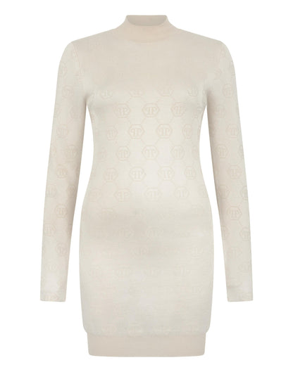 Abito Philipp Plein "Merino Wool Turtle Neck Mini Dress Jacquard Monogram