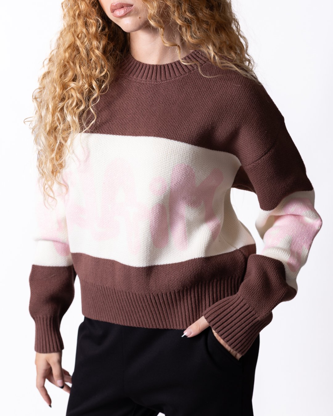 Maglia Disclaimer girocollo tricolor con logo effetto glitter