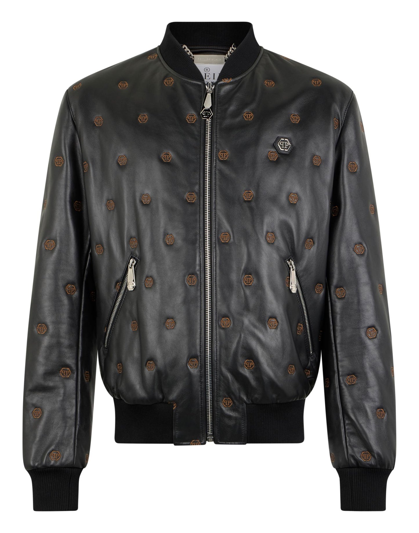 Giubbotto Philipp Plein in vera pelle con logo all-over uomo