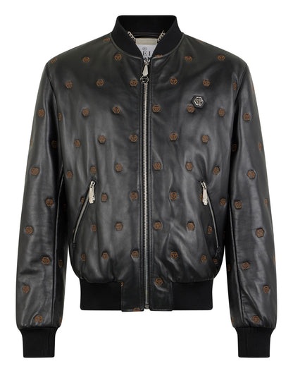 Giubbotto Philipp Plein in vera pelle con logo all-over uomo