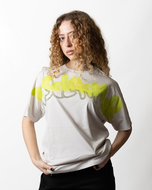 T-Shirt Disclaimer con stampa e strass donna