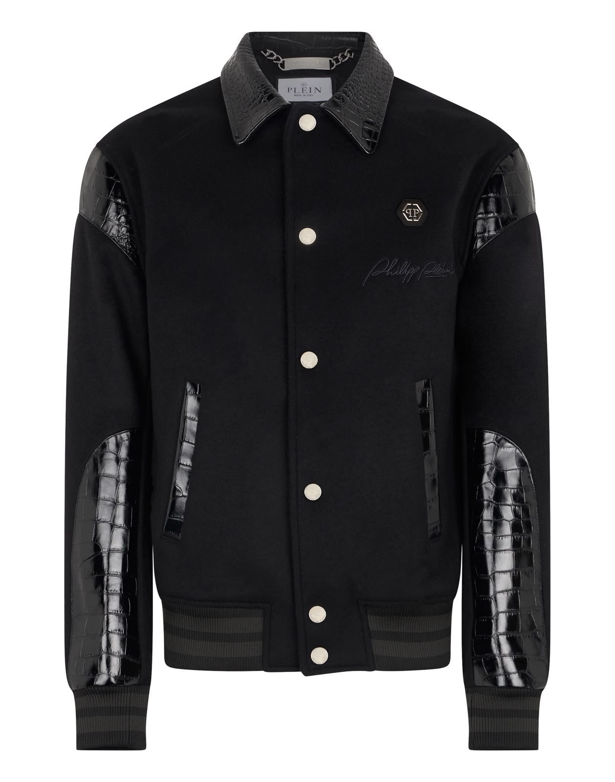 Bomber jacket Philipp Plein in lana e cashmere con inserti in pelle stampa di coccodrillo
