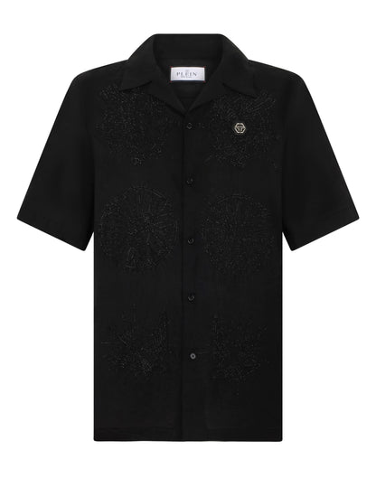 Camicia Philipp Plein manica corta in lino con logo tattoo e applicazione di strass