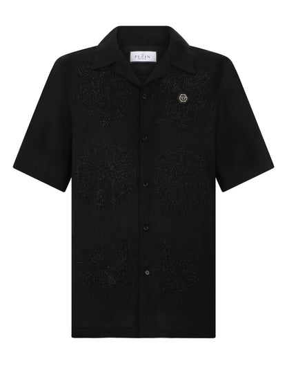 Camicia Philipp Plein manica corta in lino con logo tattoo e applicazione di strass