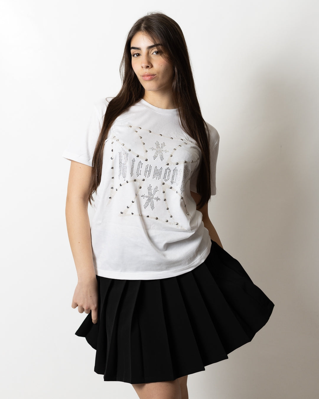 T-Shirt Richmond X con stampa, borchie e logo strass donna