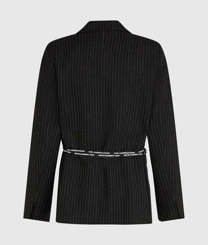Giacca Karl Lagerfeld Jeans gessata monopetto con cinturina logata a contrasto