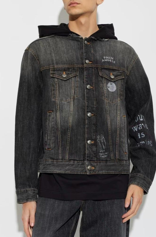 Giubbotto Palm Angels in jeans con cappuccio e stampe decorative