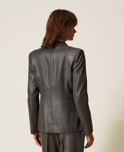 Giacca blazer Twinset Actitude doppiopetto gessato con finitura laminata