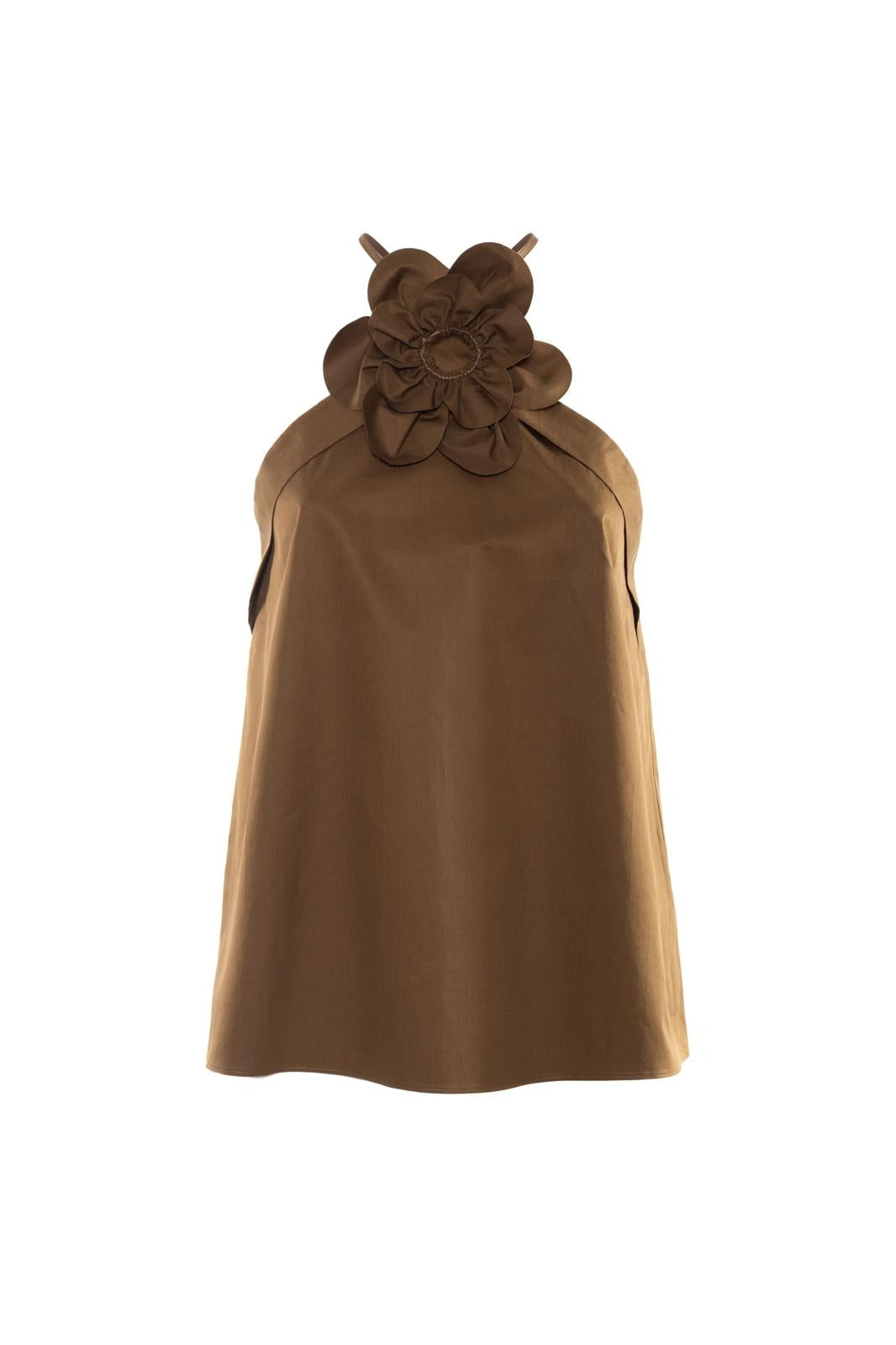 Top Nenette olio con fiore applicato e scollo all'americana