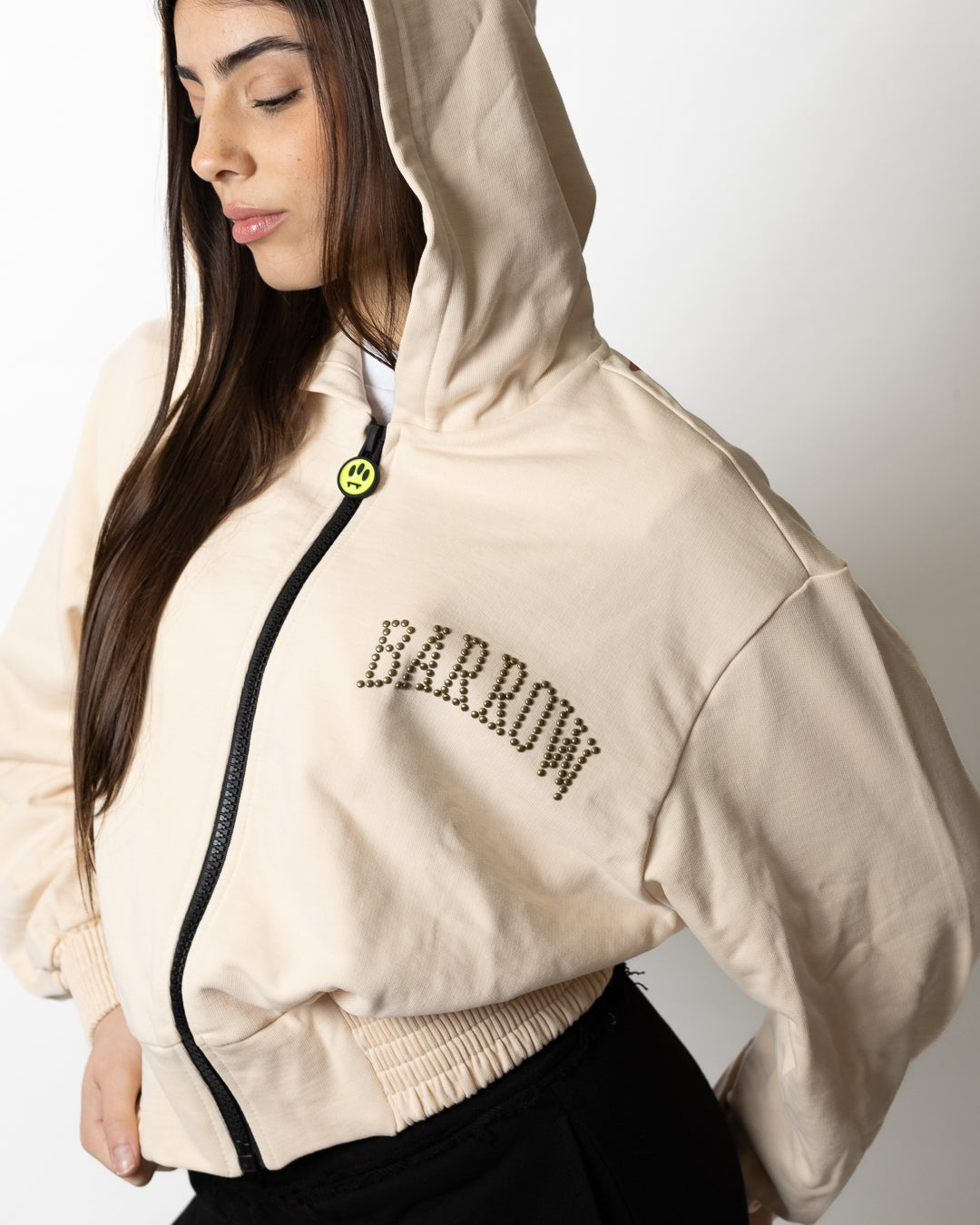 Felpa Barrow cropped fullzip con cappuccio, stampa e borchie donna