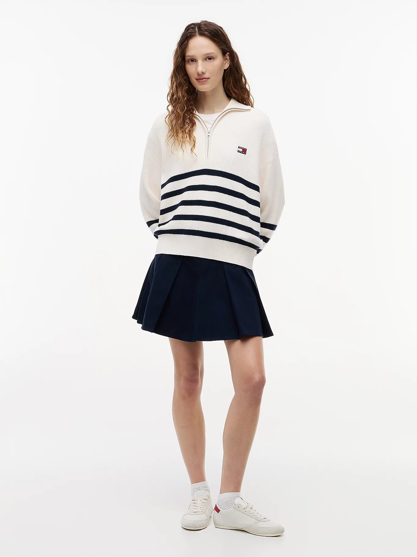Maglia Tommy Jeans mezza zip a righe con logo flag donna
